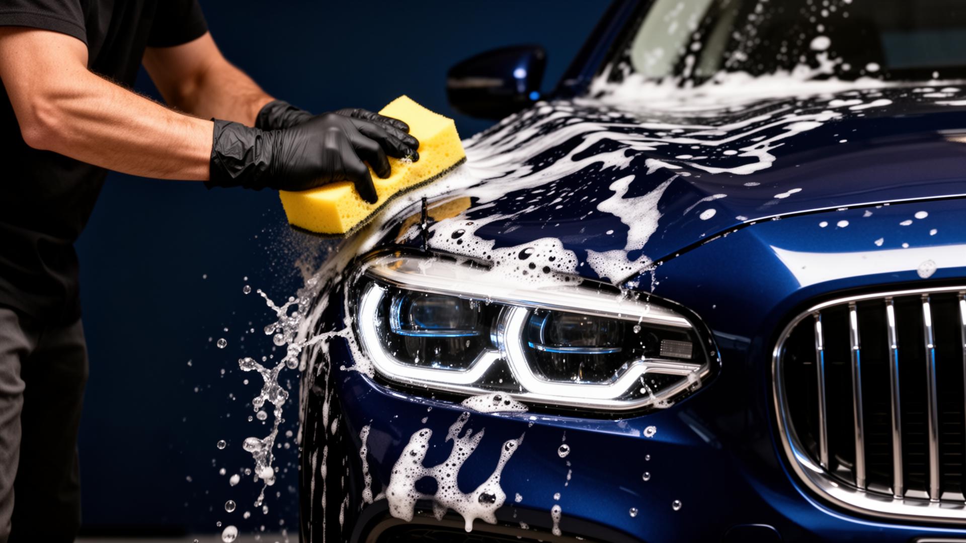 Detailer washing a luxury blue car with foam